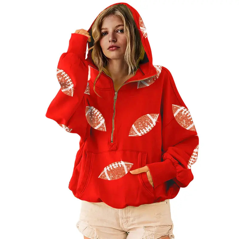 Women's Oversized Game Day Hoodie Casual Long‑Sleeve Half‑Zip Pullover with Sequin Football Print Kangaroo Pocket