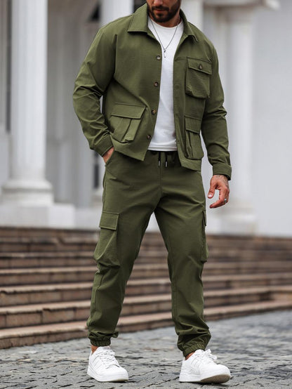 Men's Solid Color Two-Piece Set — Button-Up Shirt & Pants, Casual Long Sleeve Workwear Outfit for Spring & Fall