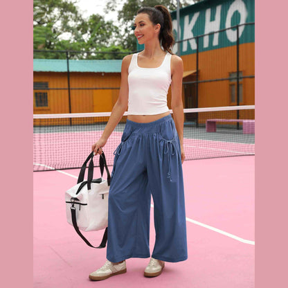 ⏰Hot Sale Women's Loose Wide Leg Track Pants Drawstring Pockets Elastic Waist Capri Hiking Pants
