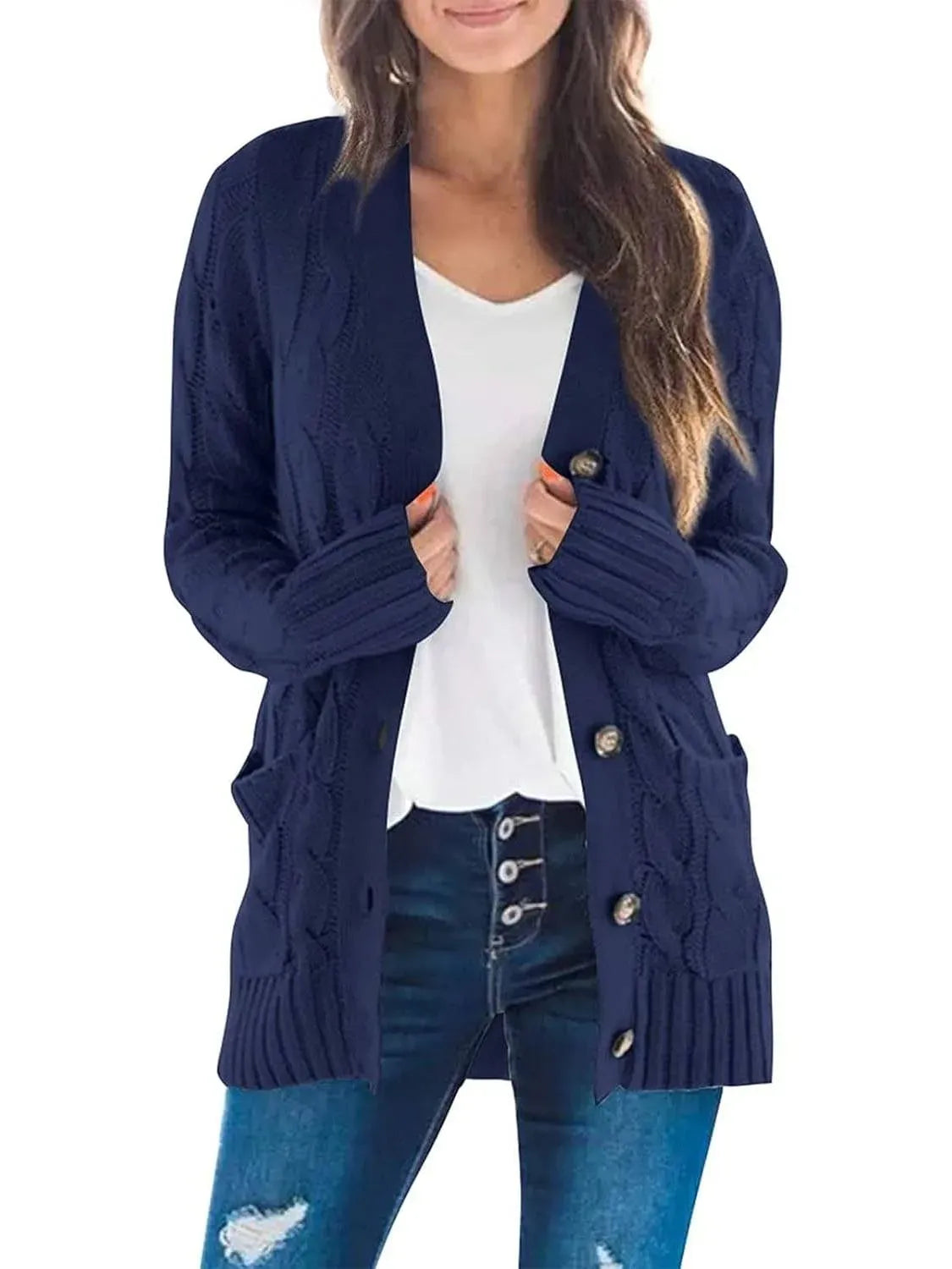 Women's Fall Casual Long Sleeve Button Down Open Front Cable Knit Cardigan
