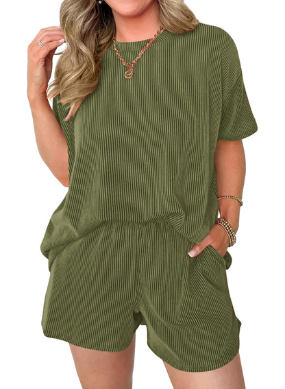 Women's Pocket Casual Short Sleeve T-shirt & Elastic Waist Shorts, Ribbed 2 Piece Sets