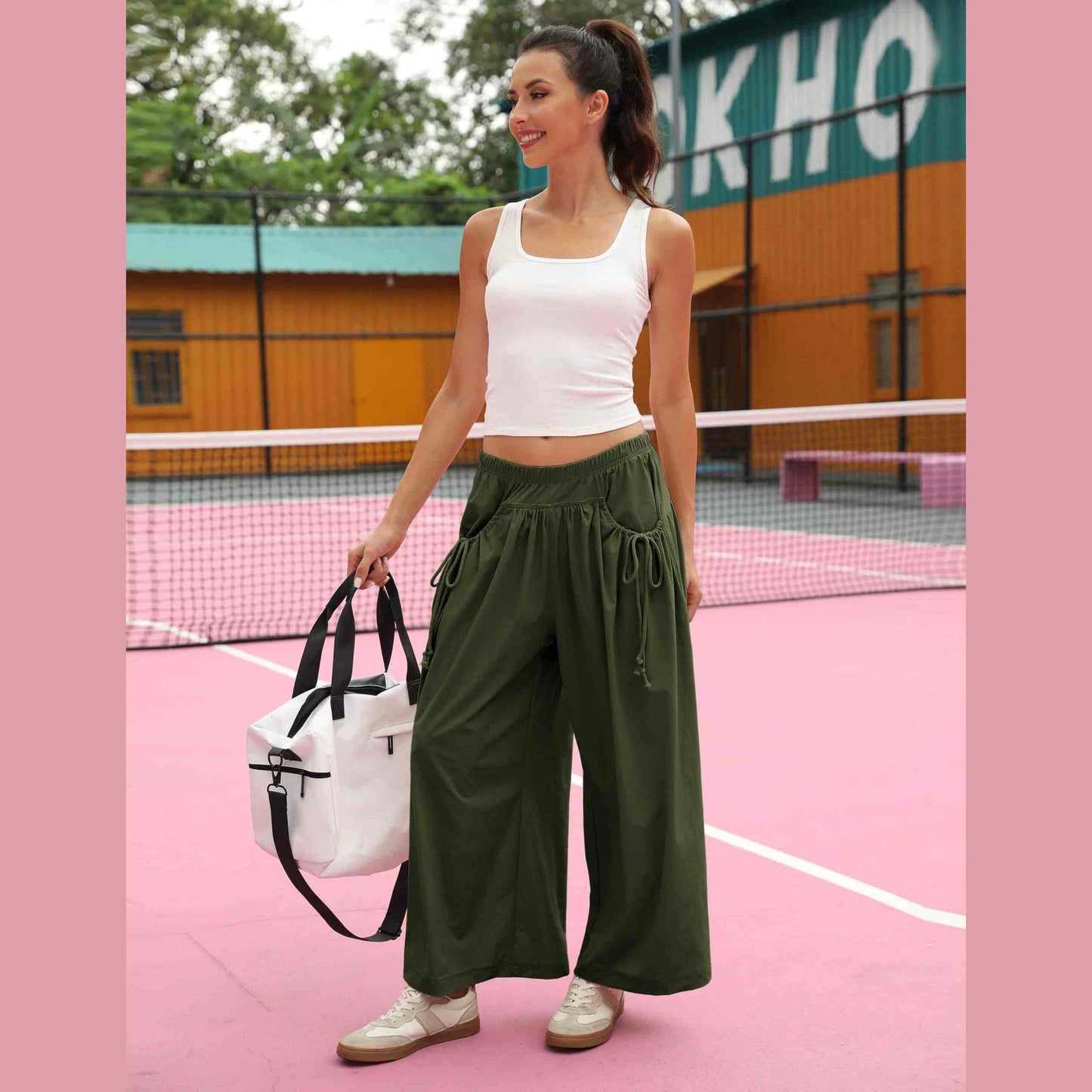 ⏰Hot Sale Women's Loose Wide Leg Track Pants Drawstring Pockets Elastic Waist Capri Hiking Pants