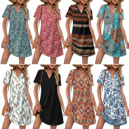 🔥 Women 2026 Casual Summer V Neck Dress Short Sleeve Fashion Beach Vacation Clothes