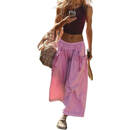 ⏰Hot Sale Women's Loose Wide Leg Track Pants Drawstring Pockets Elastic Waist Capri Hiking Pants