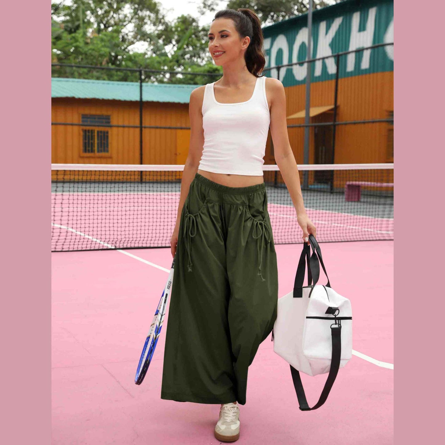 ⏰Hot Sale Women's Loose Wide Leg Track Pants Drawstring Pockets Elastic Waist Capri Hiking Pants
