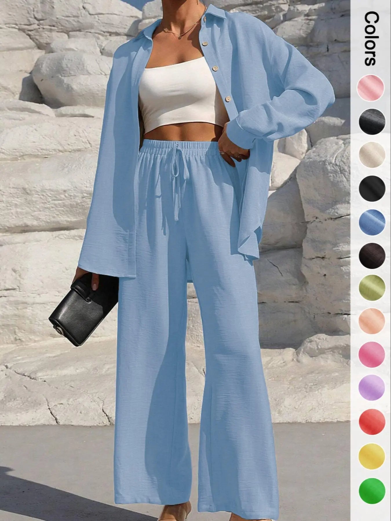 Women's Casual Button Front Shirt & Tie Front Pants Set