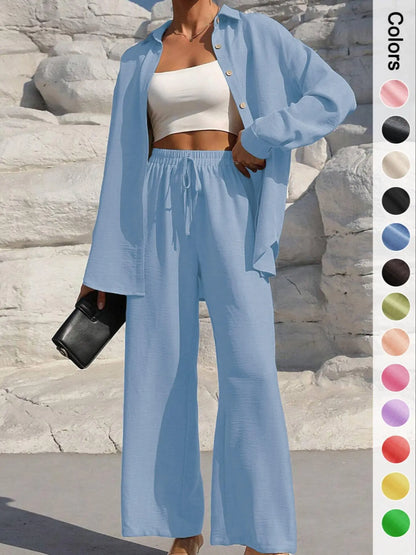 Women's Casual Button Front Shirt & Tie Front Pants Set