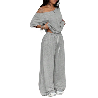 Women's Minimalist Off Shoulder T-Shirt & Wide Leg Pants Set