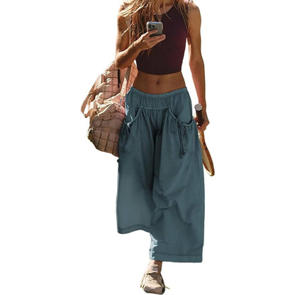 ⏰Hot Sale Women's Loose Wide Leg Track Pants Drawstring Pockets Elastic Waist Capri Hiking Pants