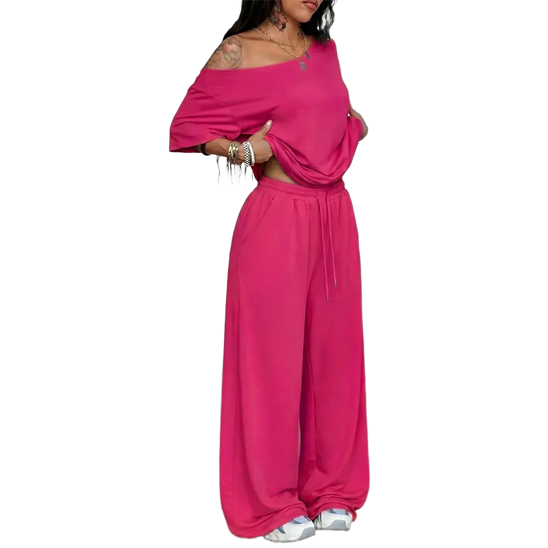 Women's Minimalist Off Shoulder T-Shirt & Wide Leg Pants Set