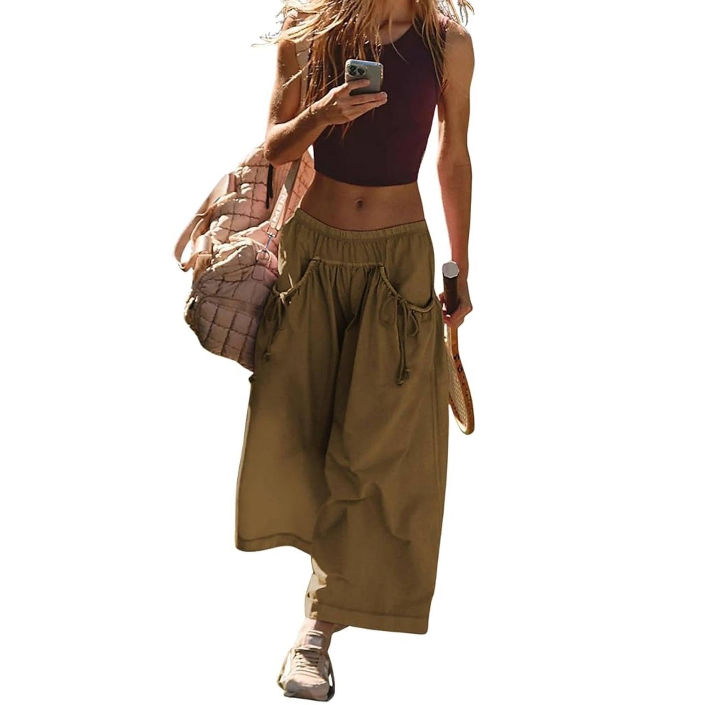 ⏰Hot Sale Women's Loose Wide Leg Track Pants Drawstring Pockets Elastic Waist Capri Hiking Pants