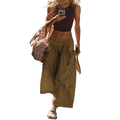 ⏰Hot Sale Women's Loose Wide Leg Track Pants Drawstring Pockets Elastic Waist Capri Hiking Pants