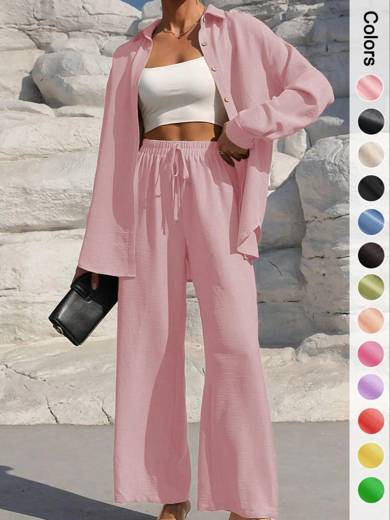 Women's Casual Button Front Shirt & Tie Front Pants Set