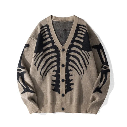 🎃Bestseller unisex Halloween knit cardigan. Skeleton print, button‐front V‐neck loose fit. Soft for spooky season & daily fall wear, multiple sizes available.🔥