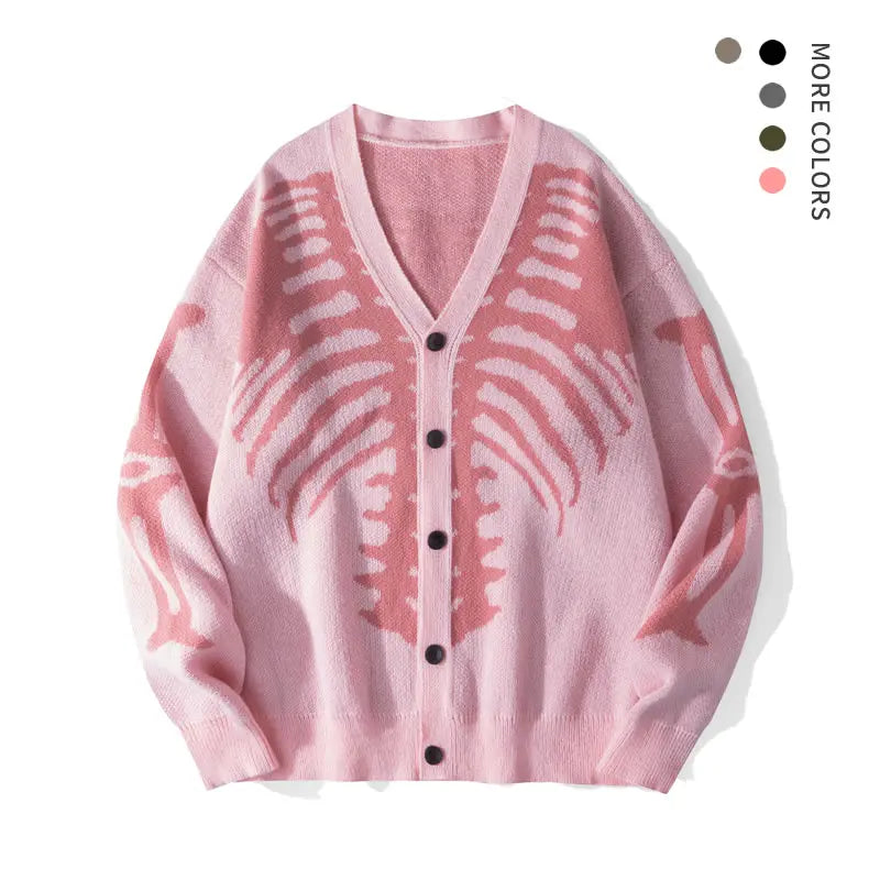 🎃Bestseller unisex Halloween knit cardigan. Skeleton print, button‐front V‐neck loose fit. Soft for spooky season & daily fall wear, multiple sizes available.🔥