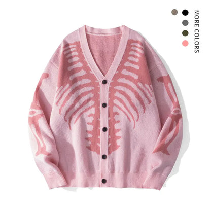 🎃Bestseller unisex Halloween knit cardigan. Skeleton print, button‐front V‐neck loose fit. Soft for spooky season & daily fall wear, multiple sizes available.🔥