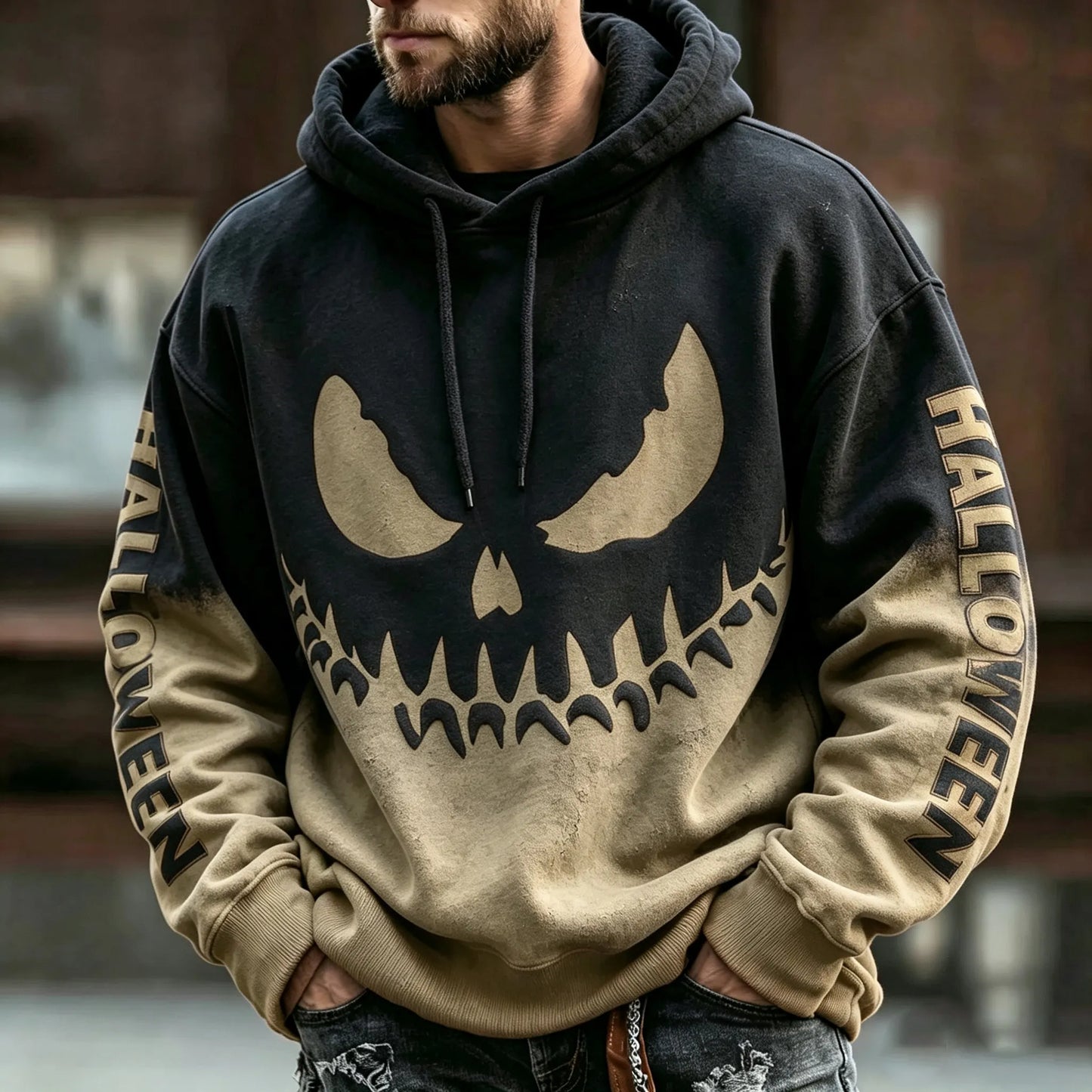 Men's Vintage Scary Face Print Gradient Graphics Halloween Hoodie
