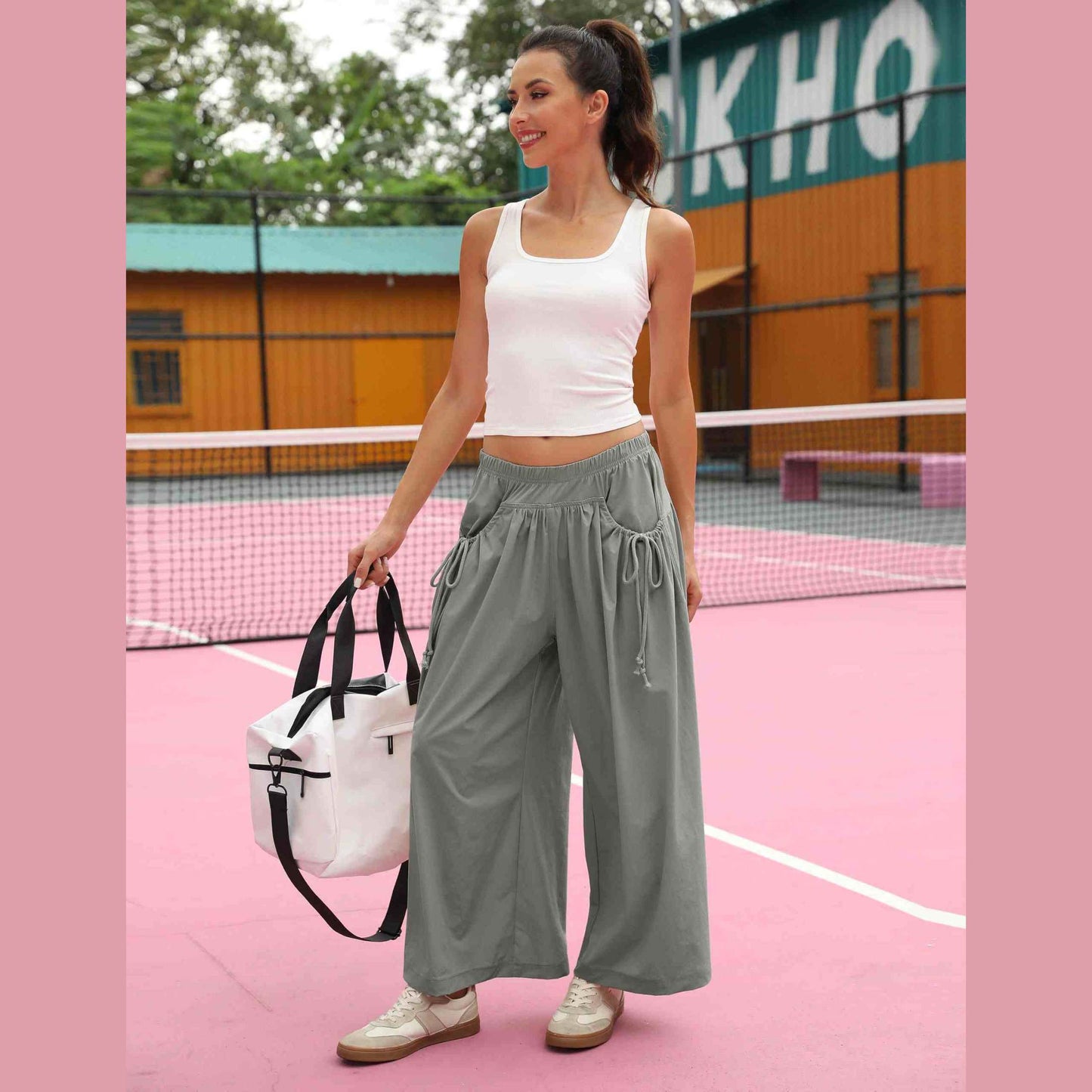 ⏰Hot Sale Women's Loose Wide Leg Track Pants Drawstring Pockets Elastic Waist Capri Hiking Pants