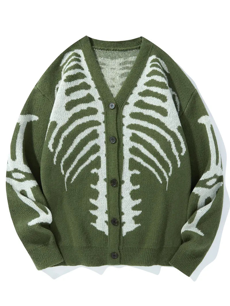🎃Bestseller unisex Halloween knit cardigan. Skeleton print, button‐front V‐neck loose fit. Soft for spooky season & daily fall wear, multiple sizes available.🔥