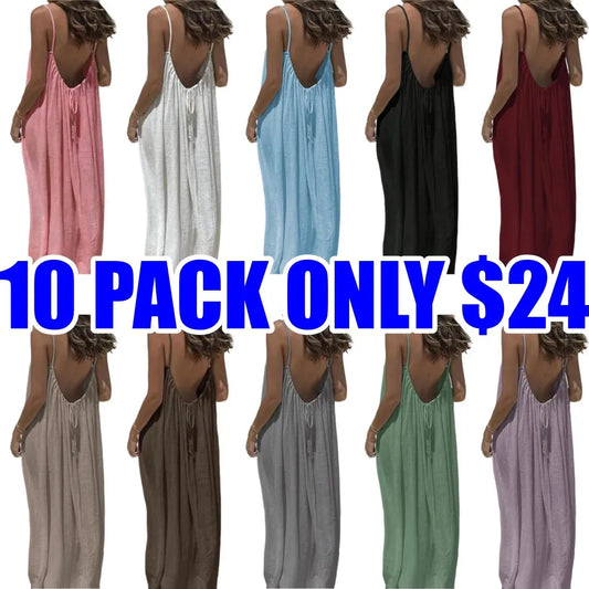 🔥Women's Cotton Linen Backless Loose Dress🔥 10-Piece Pack - Includes All Colors, Only $24
