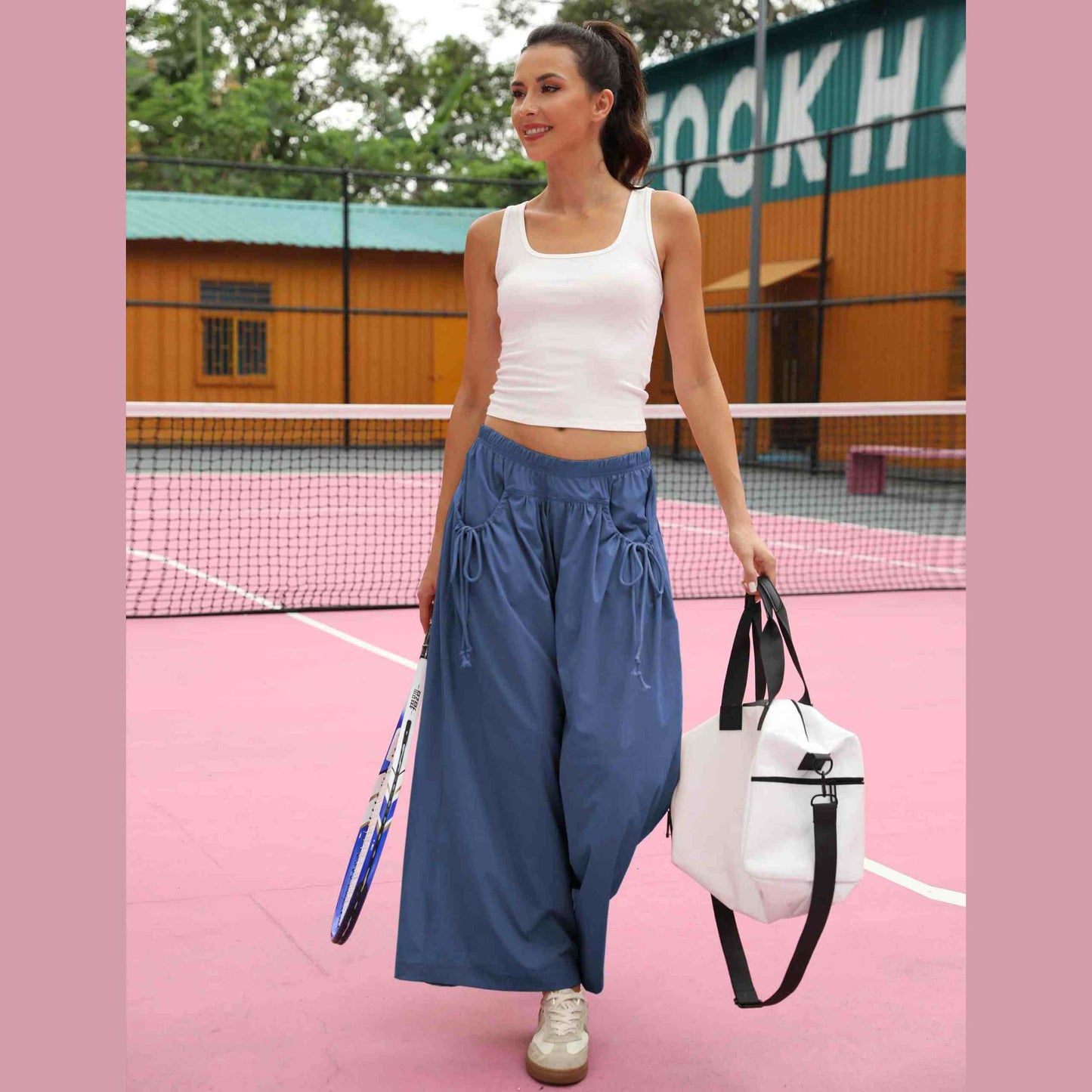 ⏰Hot Sale Women's Loose Wide Leg Track Pants Drawstring Pockets Elastic Waist Capri Hiking Pants