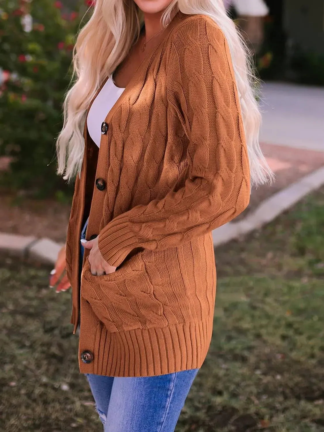 Women's Fall Casual Long Sleeve Button Down Open Front Cable Knit Cardigan