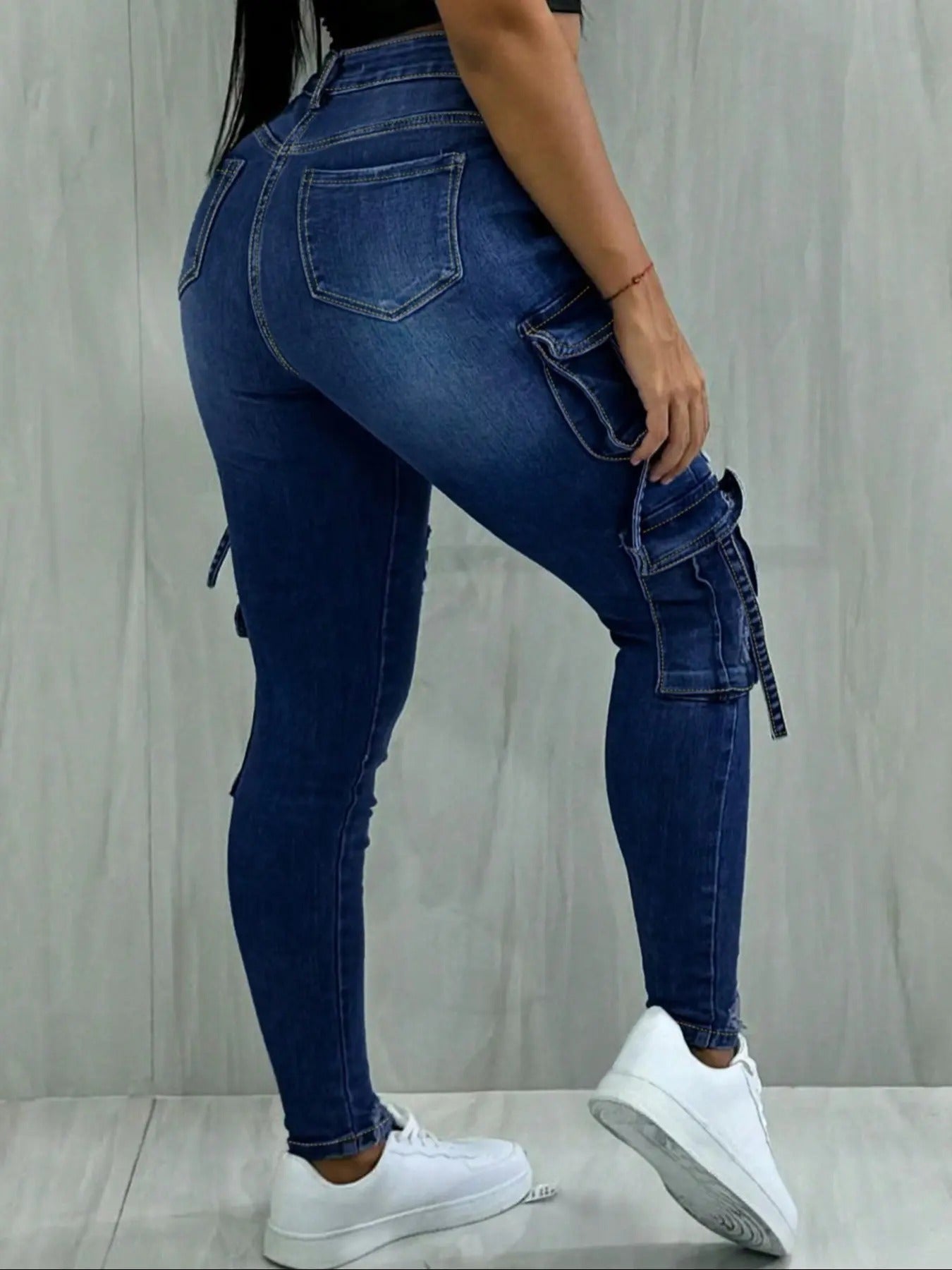 Y2K Womenswear Streetwear Multi-pocket Cropped Work Stretchy Skinny Cargo Denim Jeans Pants