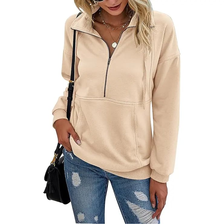 PrettyGarden Women's Casual Long Sleeve Lapel Zipper Sweatshirt Drawstring Loose Pullover Tops Fall Sweater-Womenswear Cotton Fabric