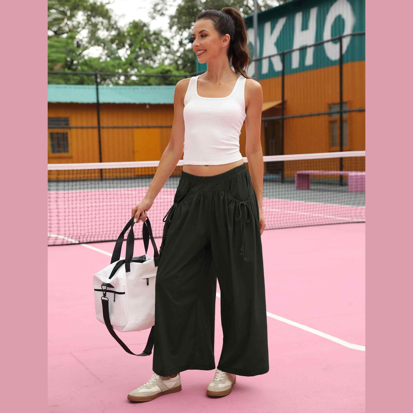 ⏰Hot Sale Women's Loose Wide Leg Track Pants Drawstring Pockets Elastic Waist Capri Hiking Pants