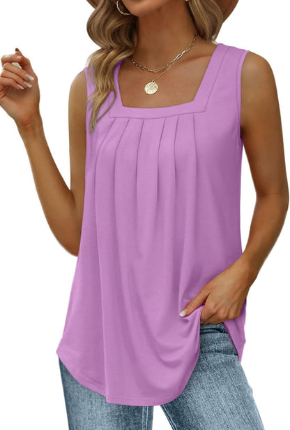Special Sale🩷Summer Tank Tops for Women Loose Fit Pleated Square Neck Sleeveless Tops Curved Hem Flowy