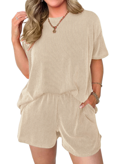 Women's Pocket Casual Short Sleeve T-shirt & Elastic Waist Shorts, Ribbed 2 Piece Sets