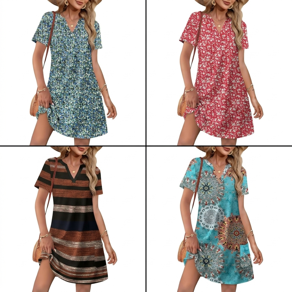🔥 Women 2026 Casual Summer V Neck Dress Short Sleeve Fashion Beach Vacation Clothes