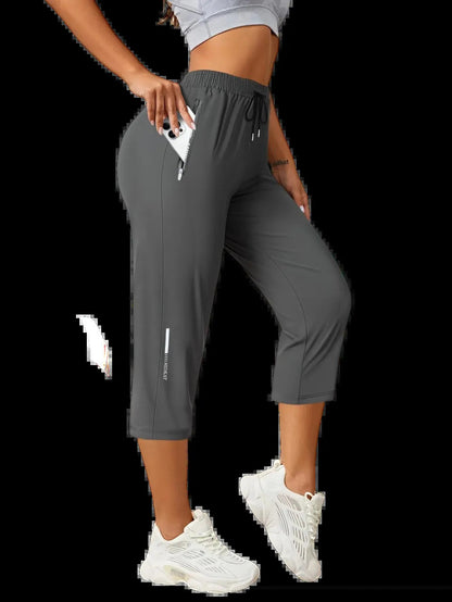 Women's Capris Pants - Loose Fit, Summer Drawstring Waist, Zippered Pockets, Breathable High-Stretch Fabric, Suitable for Everyday Wear