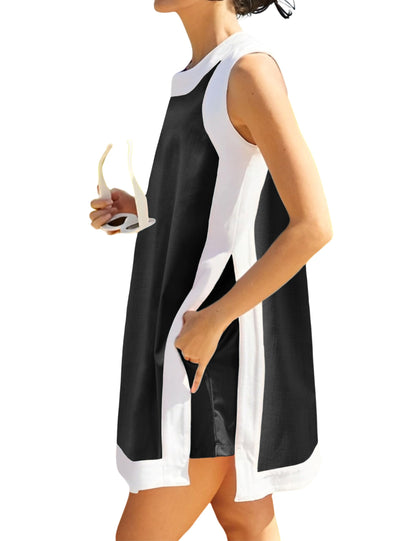 ⏰Hot Sale-Women's Casual Color Block Sleeveless Tops Matching Shorts with Pockets
