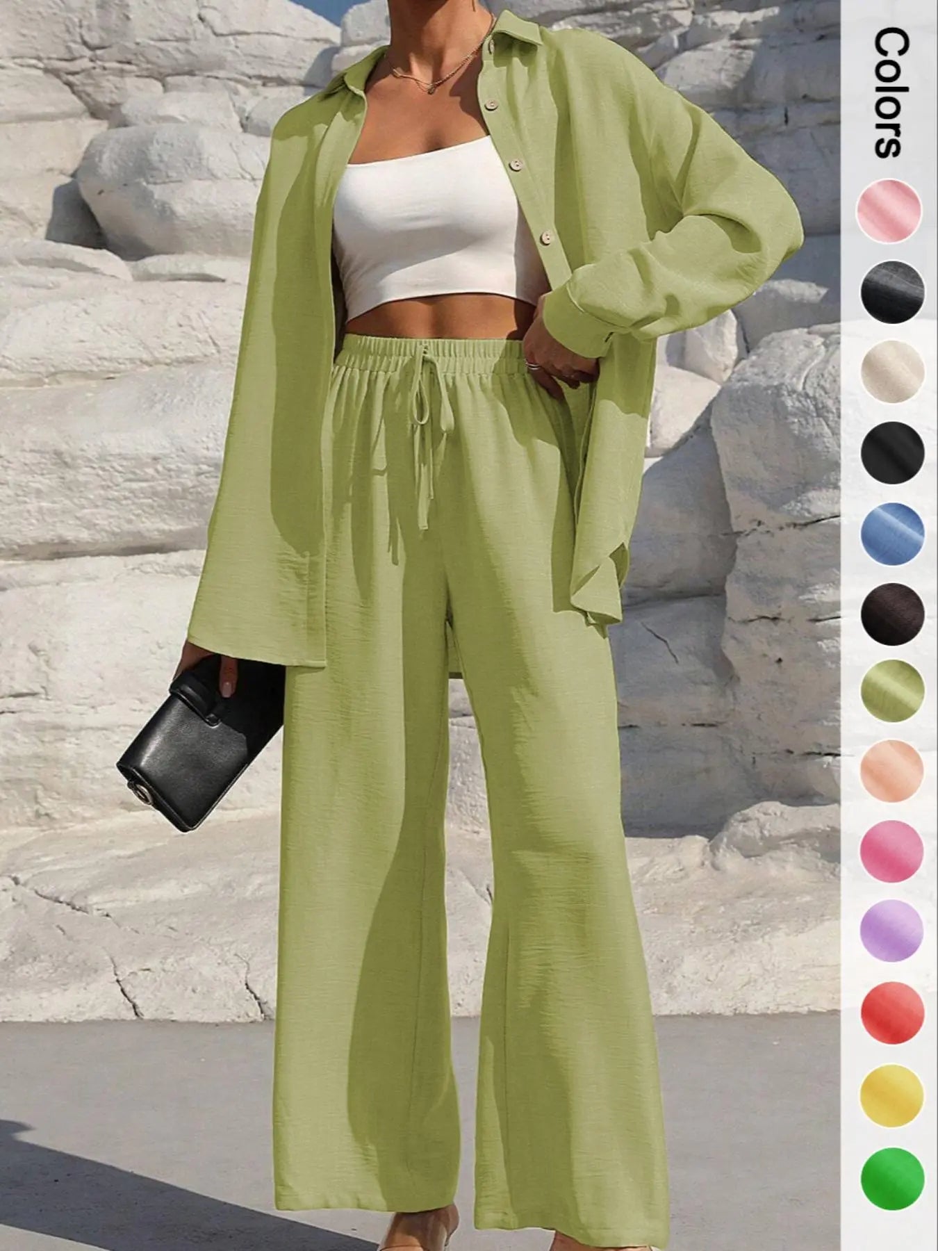 Women's Casual Button Front Shirt & Tie Front Pants Set