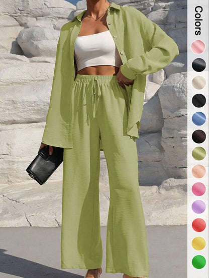 Women's Casual Button Front Shirt & Tie Front Pants Set