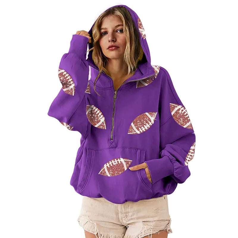 Women's Oversized Game Day Hoodie Casual Long‑Sleeve Half‑Zip Pullover with Sequin Football Print Kangaroo Pocket