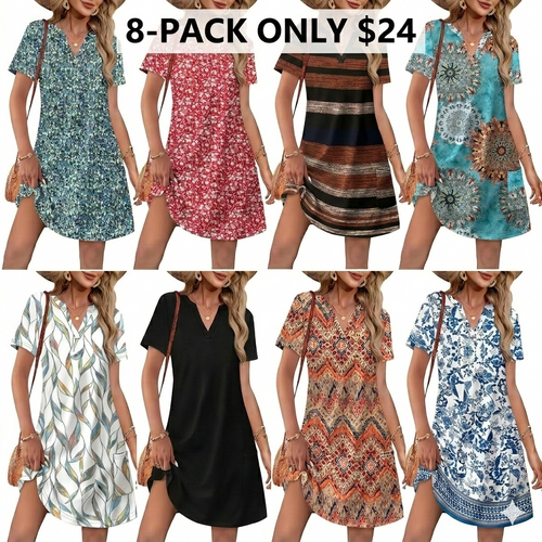 🔥 Women 2026 Casual Summer V Neck Dress Short Sleeve Fashion Beach Vacation Clothes