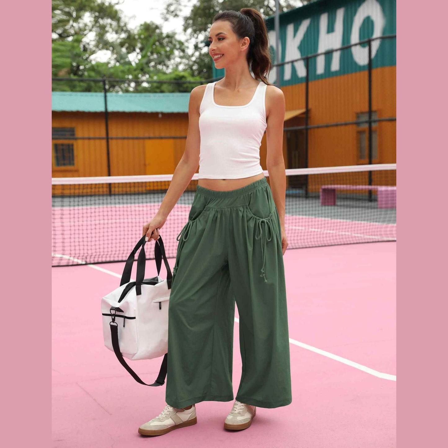 ⏰Hot Sale Women's Loose Wide Leg Track Pants Drawstring Pockets Elastic Waist Capri Hiking Pants