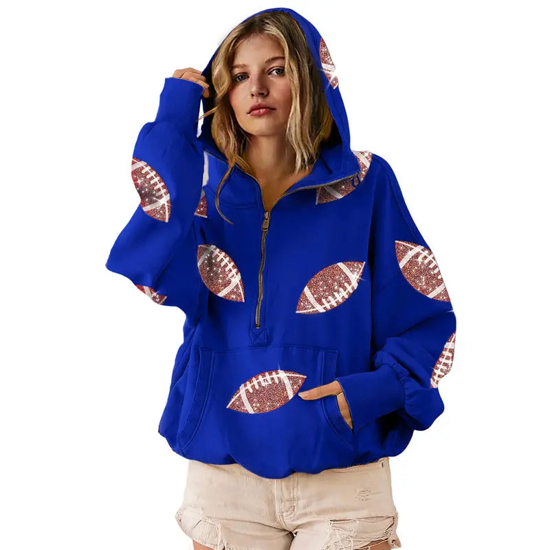 Women's Oversized Game Day Hoodie Casual Long‑Sleeve Half‑Zip Pullover with Sequin Football Print Kangaroo Pocket