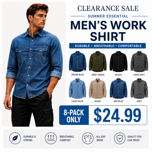 ✨Hot Sale✨Men's Long Sleeve Stone-Washed and Pre-Washed Denim Work Shirt