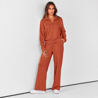 Women's Casual Lapel Half-Zip Sweatshirts and Wide-Leg Pants Tracksuit Sets