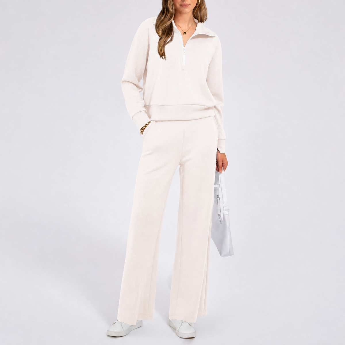 Women's Casual Lapel Half-Zip Sweatshirts and Wide-Leg Pants Tracksuit Sets