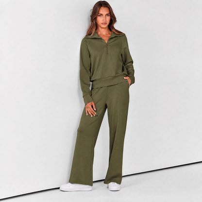 Women's Casual Lapel Half-Zip Sweatshirts and Wide-Leg Pants Tracksuit Sets