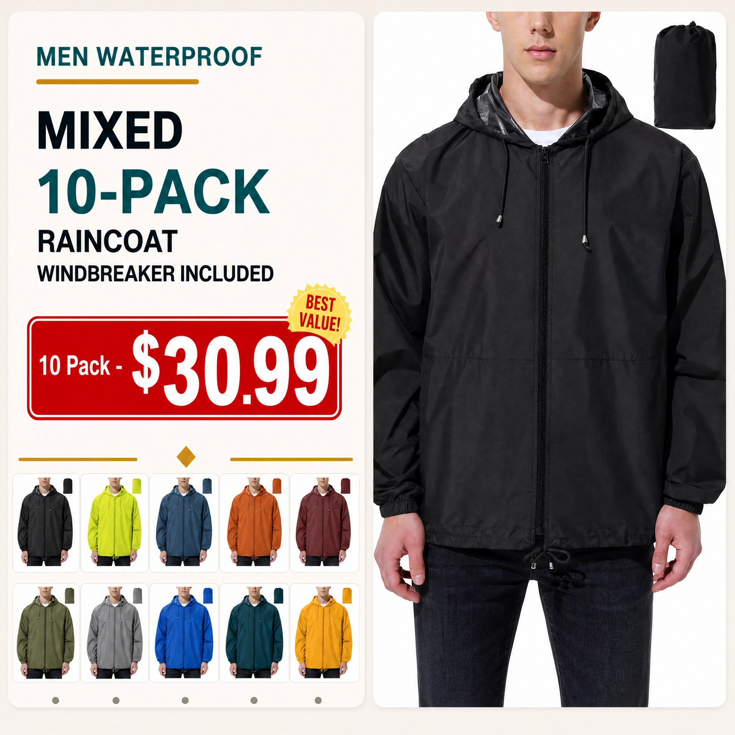 Men Waterproof Raincoat Windbreaker Lightweight Packable Rain Jacket
