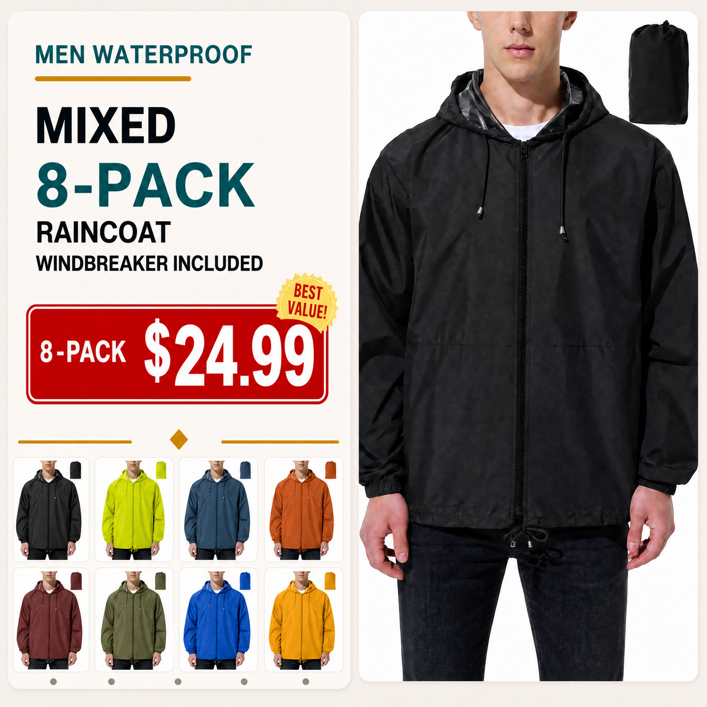 Men Waterproof Raincoat Windbreaker Lightweight Packable Rain Jacket