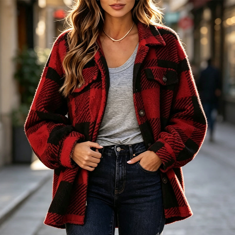 Women's Plaid Button-Down Cozy Jacket