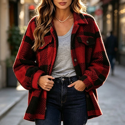 Women's Plaid Button-Down Cozy Jacket