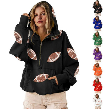 Women's Oversized Game Day Hoodie Casual Long‑Sleeve Half‑Zip Pullover with Sequin Football Print Kangaroo Pocket